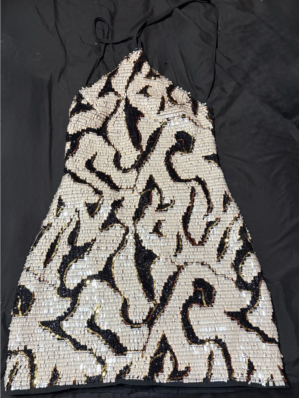 SHEIN White Sequin Halter Mini Dress with Black & Gold Accents
